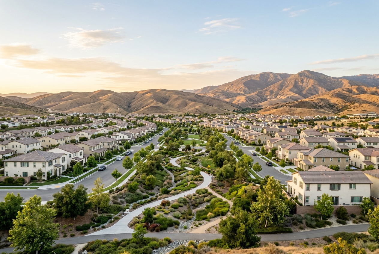 A master-planned Valencia neighborhood in Santa Clarita at golden hour, paseos and tidy contemporary homes with the golden valley hills beyond.