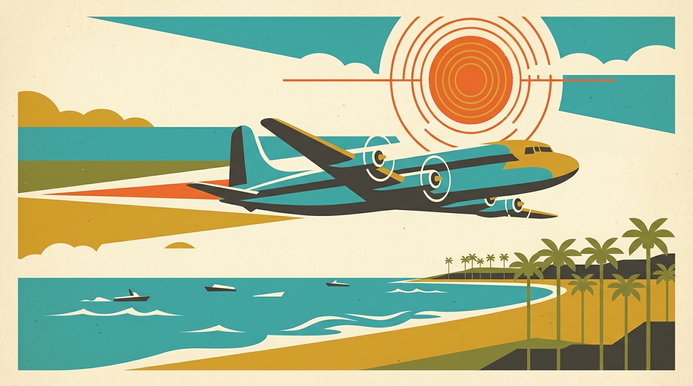 A mid-century jet-age illustration of Santa Monica aviation, a stylized propliner aircraft and contrail over the coast.