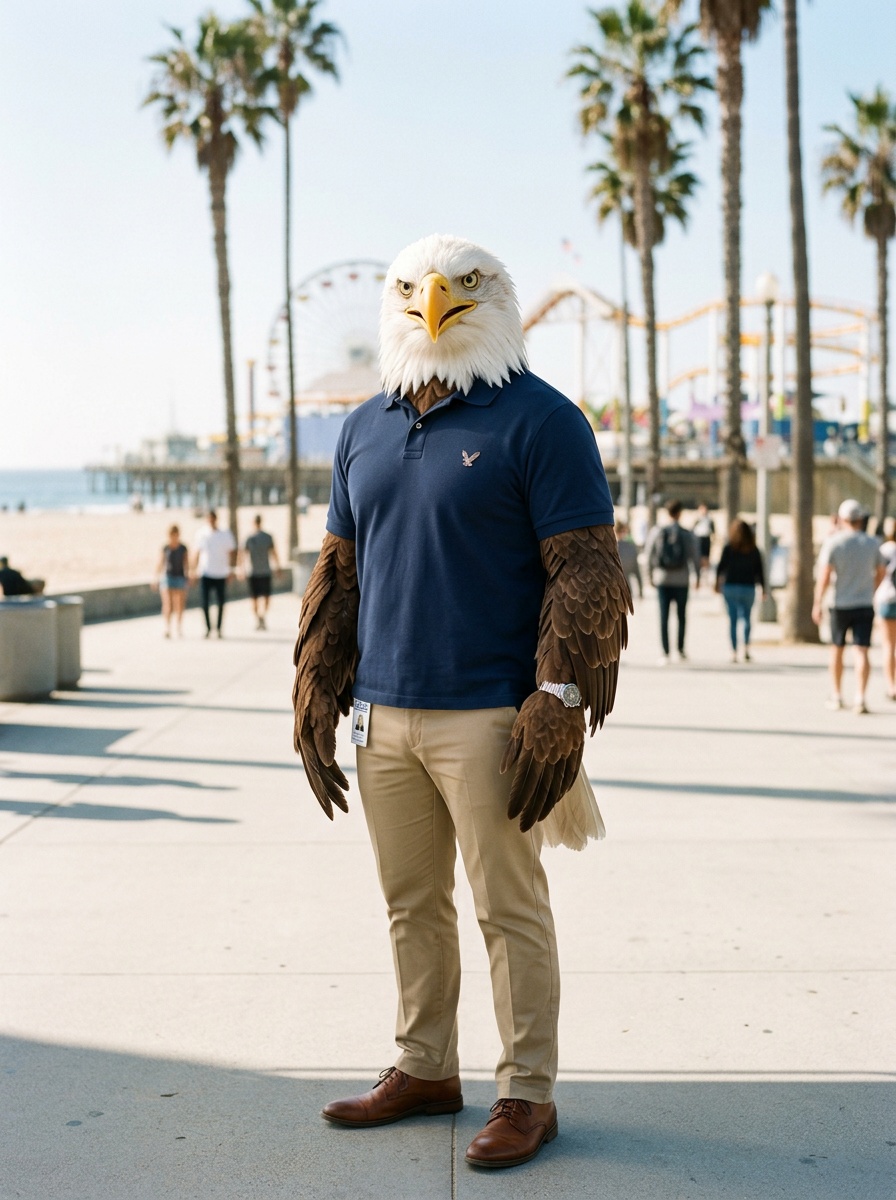 Santa Monica K-12 online home school. Eagle, Head of School, on a Santa Monica promenade with palms and the pier behind him.