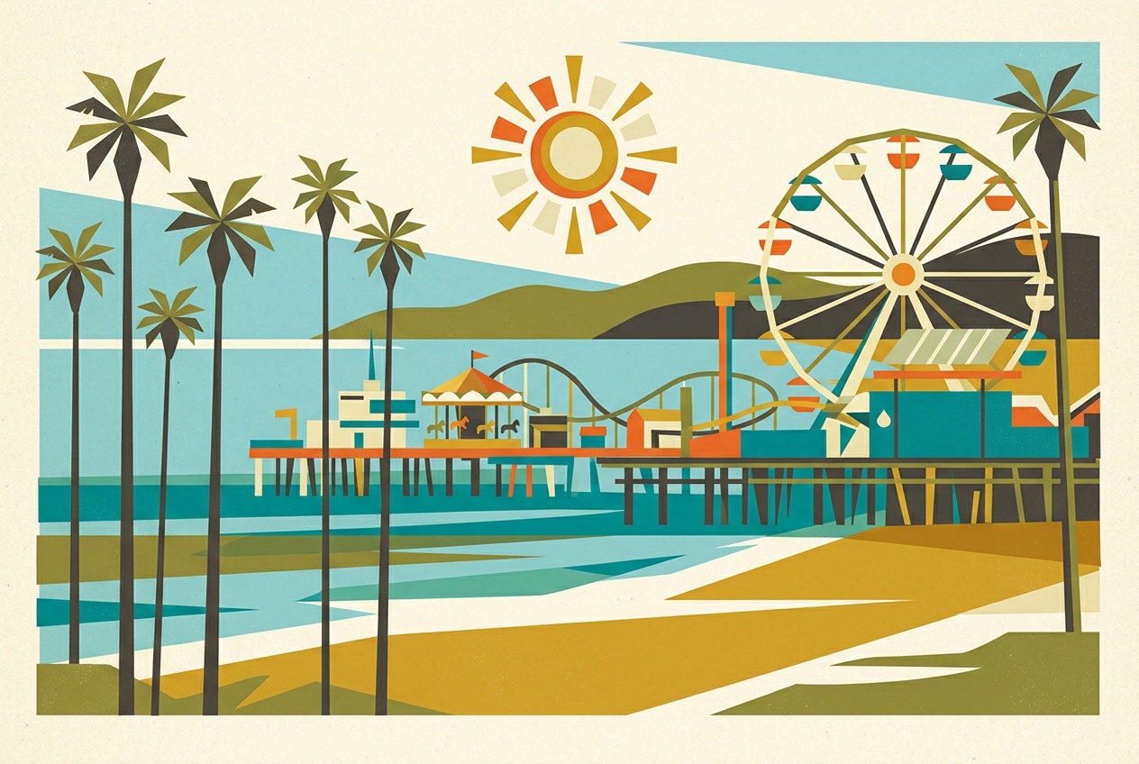 A mid-century-modern illustration of the Santa Monica pier and beach, a stylized Ferris wheel, palms and flat blue ocean.