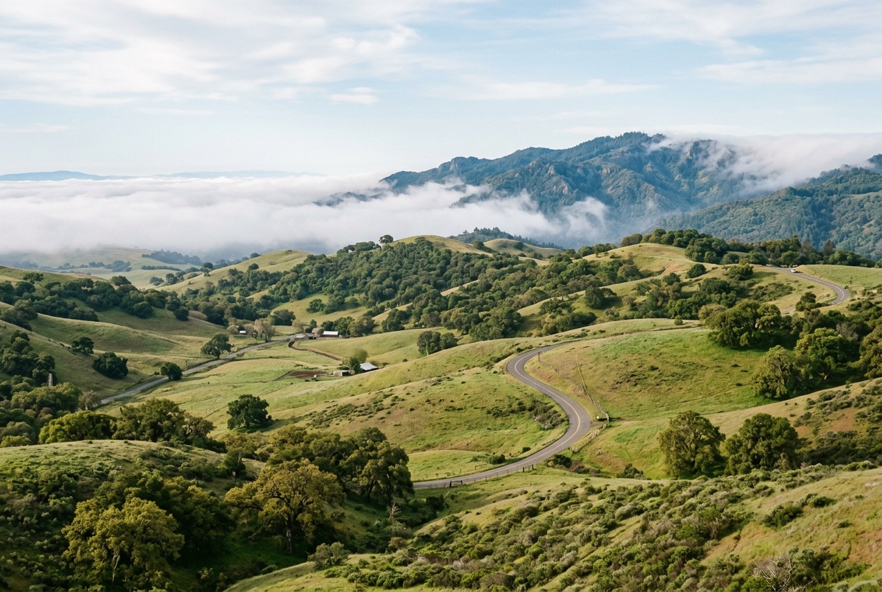 The Sonoma County hills and countryside around Santa Rosa in soft morning light, oak-dotted ridges and recovering green hillsides.