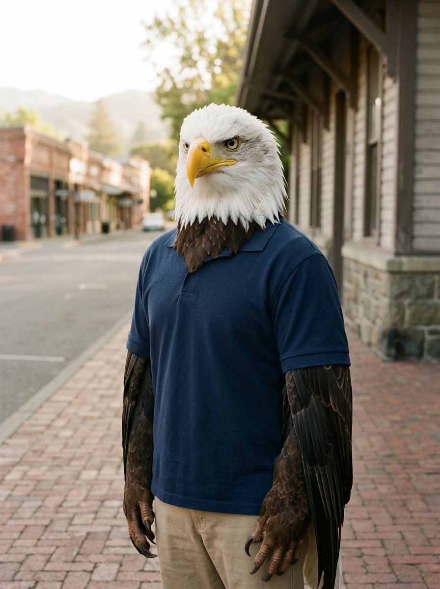 Santa Rosa K-12 online home school. Eagle, Head of School, in historic Railroad Square in downtown Santa Rosa in warm morning light, the restored old depot and brick storefronts behind him and the Sonoma County hills in soft focus beyond.