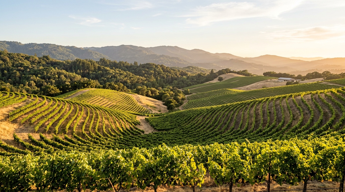 Sonoma County vineyards above Santa Rosa at golden hour, rows of vines curving over the hills with oak woodland beyond.