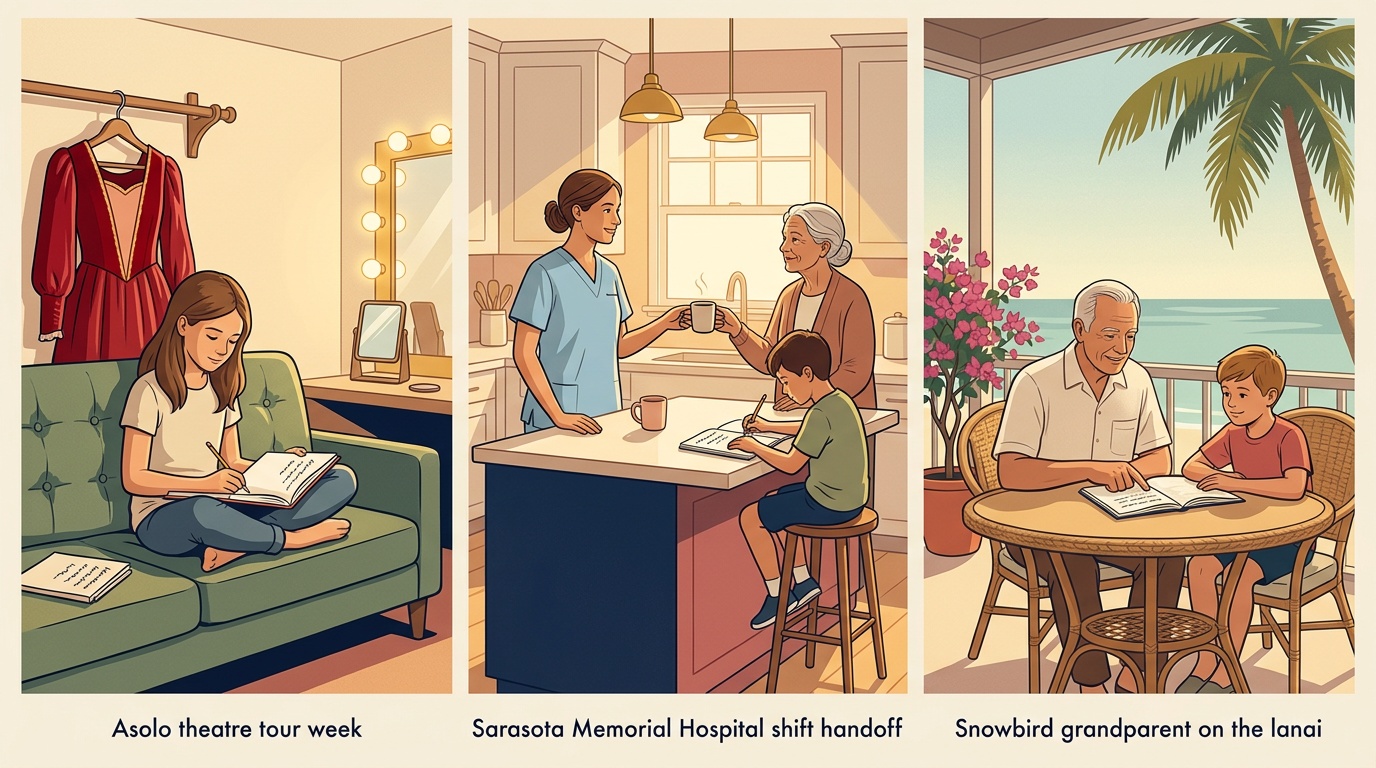 Sarasota K-12 online home school comic strip: Asolo tour week, Sarasota Memorial shift handoff, and snowbird grandparent lanai schooling