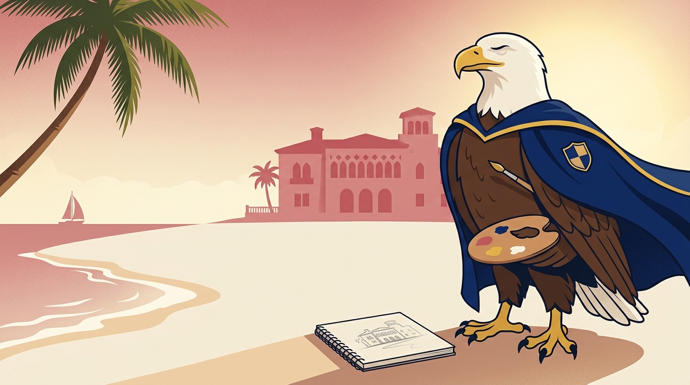 Sarasota K-12 online home school Eagle illustration at Lido Beach with Cà d'Zan in the distance