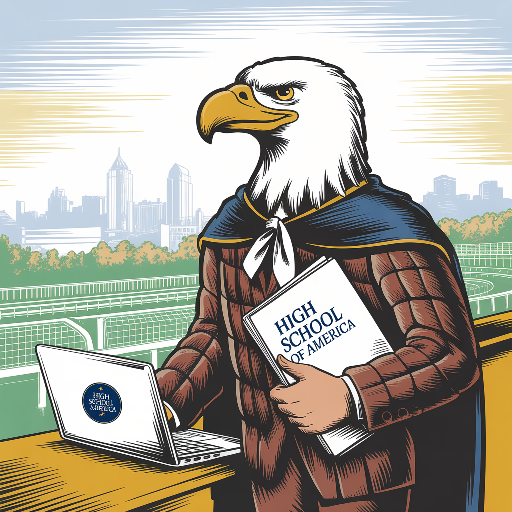 HSA Eagle mascot at Saratoga Race Course in Saratoga Springs, Saratoga County, welcoming families to enrollment.