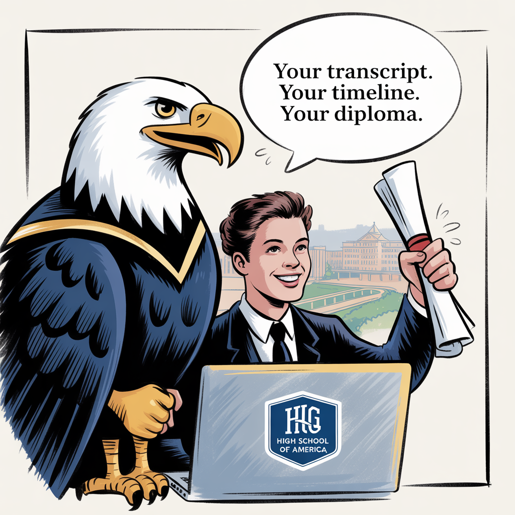 HSA Eagle mascot presenting a diploma alongside a graduating student from Saratoga Springs, Saratoga County, with Saratoga Race Course in the background.