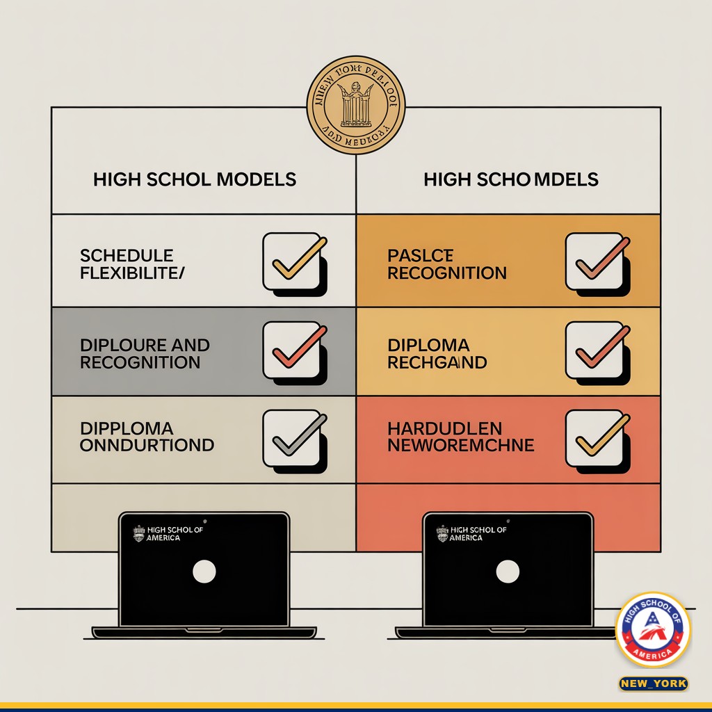 Side-by-side comparison chart of traditional high school versus High School of America across six key attributes.