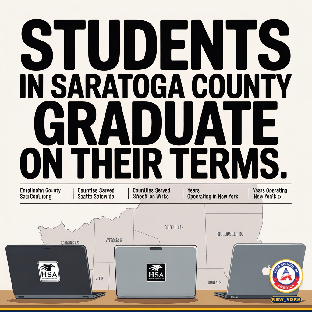 Bold typographic infographic highlighting HSA student outcomes in Saratoga County County, New York.