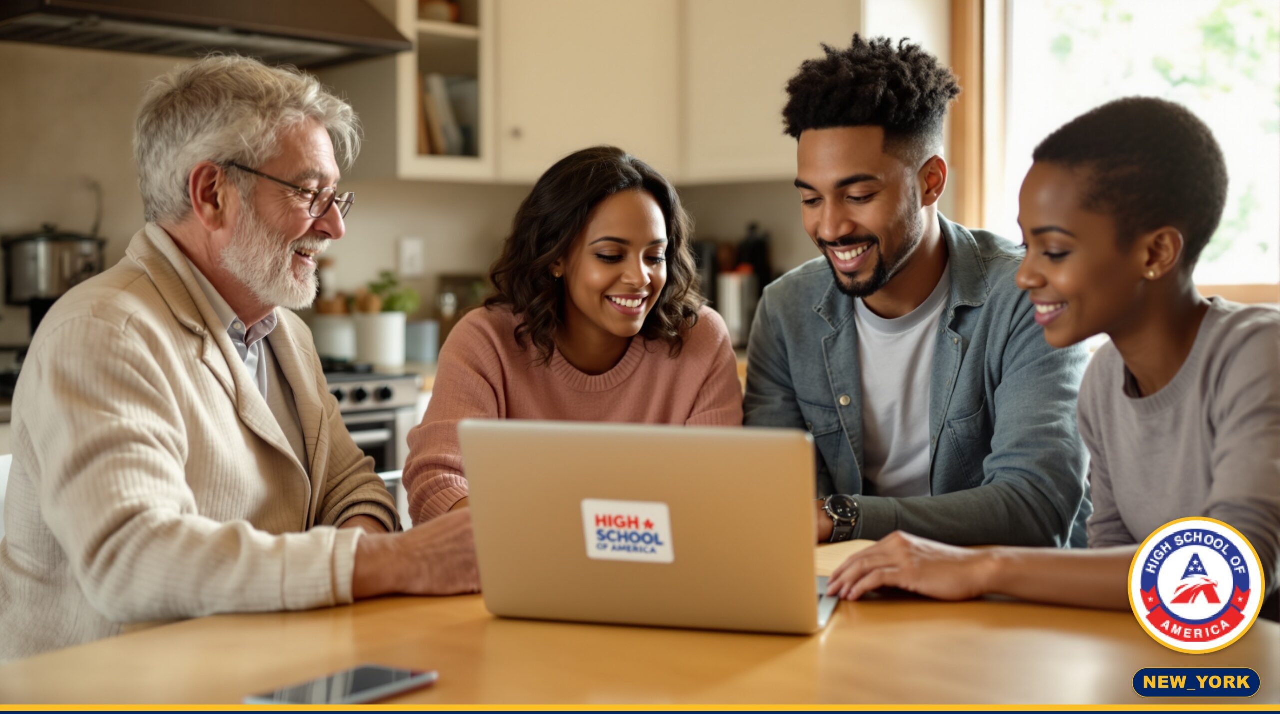 Multigenerational family in Saratoga Springs, Saratoga County reviewing high school enrollment options together at home.