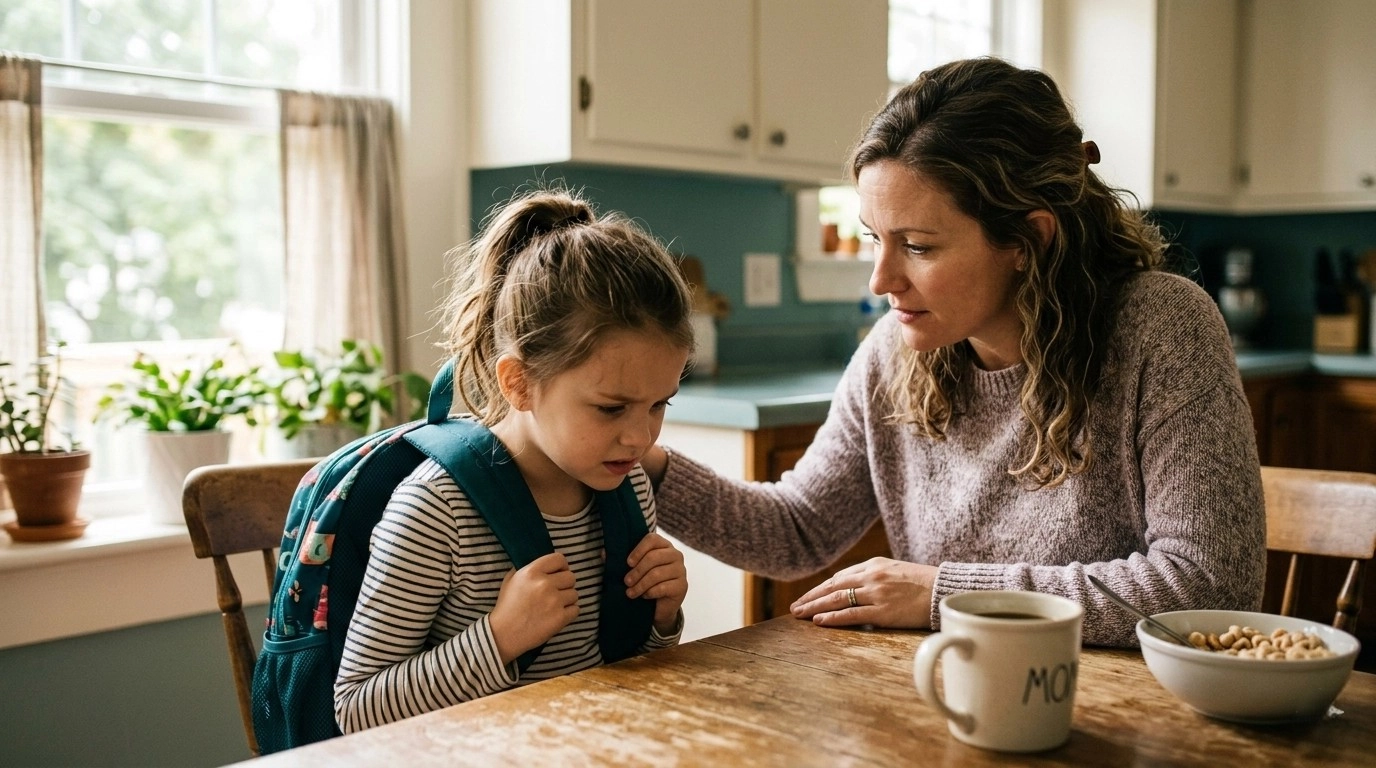 Child experiencing school anxiety, parent helping at home, school anxiety in children guide
