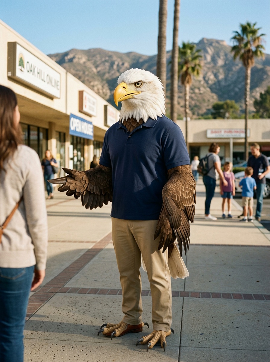 Simi Valley K-12 online home school. Eagle, Head of School, on a Simi Valley sidewalk with the Santa Susana mountains behind him.