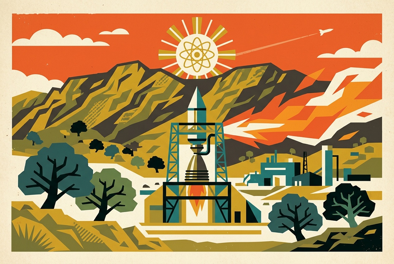 A mid-century jet-age illustration of Simi Valley rocket testing, a stylized rocket engine on a test stand in the Santa Susana hills.
