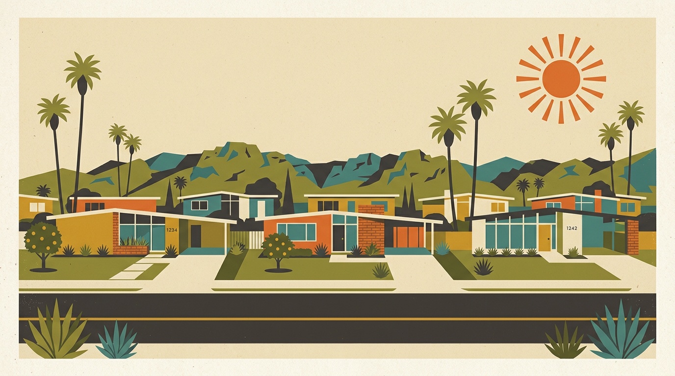 A mid-century-modern illustration of a Simi Valley neighborhood, flat-roofed ranch homes and palms with the Santa Susana mountains beyond.