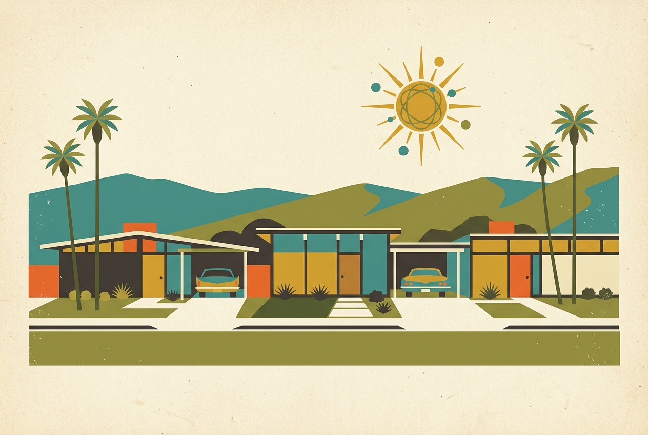 A mid-century-modern illustration of an Eichler neighborhood in Sunnyvale, flat-roofed homes with glass walls, tall palms, and the Santa Clara Valley foothills under a warm geometric sky.
