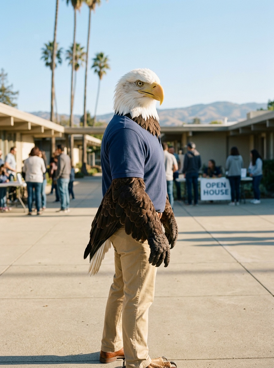 Sunnyvale K-12 online home school. Eagle, Head of School, on a clean Silicon Valley plaza in Sunnyvale in warm morning light, low mid-century-modern buildings and tall palms behind him.