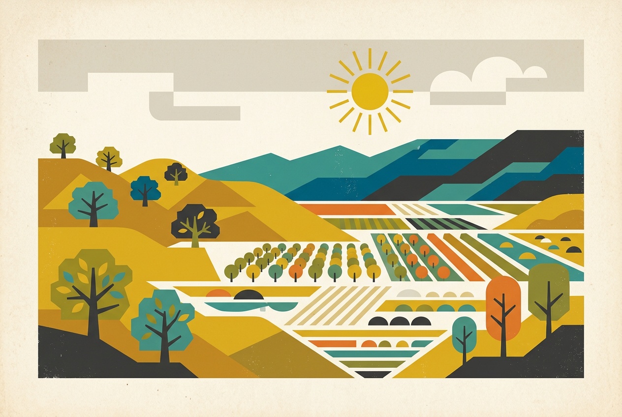 A mid-century-modern illustration of the Santa Clara Valley around Sunnyvale, low golden foothills and scattered oaks under a clean geometric sky with a stylized sun.