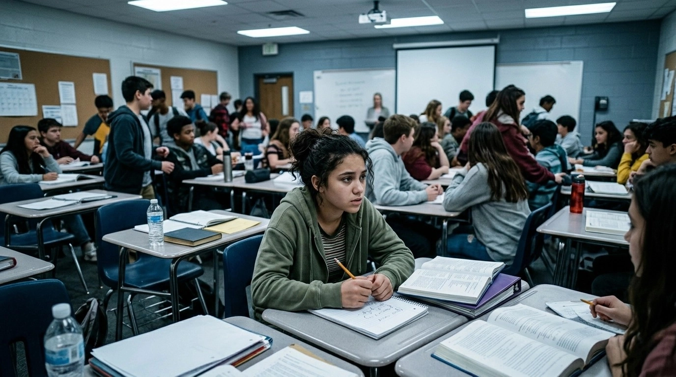 Teenager anxious in overcrowded public school classroom, showing signs of school anxiety