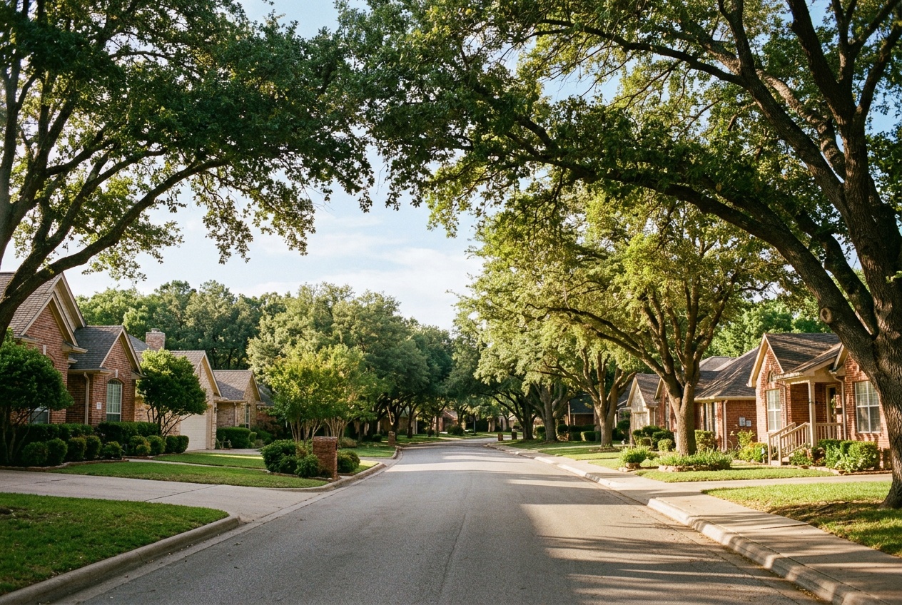 Temple online home school K-12: an established tree-lined residential street in Temple, Texas, in Central Texas.