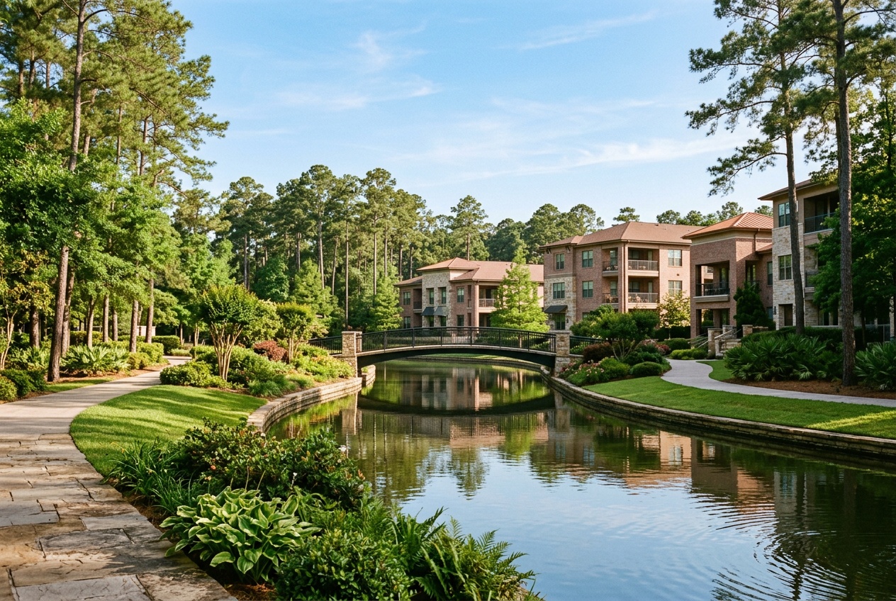 The Woodlands online home school K-12: the landscaped Waterway in Town Center, The Woodlands, Texas, among tall pines
