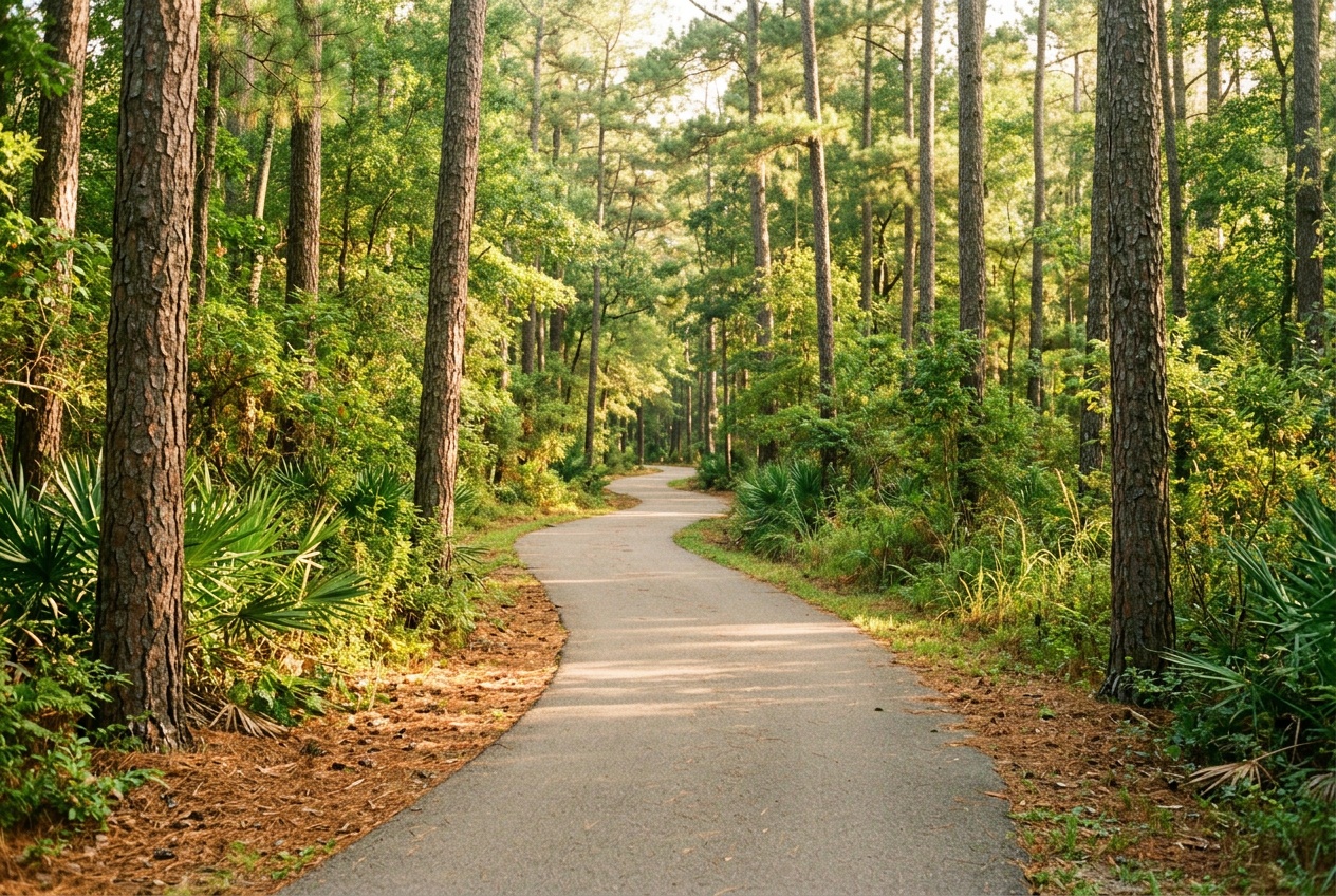 The Woodlands Texas online homeschool: a quiet tree-lined hike-and-bike pathway through tall pines in The Woodlands, Texas