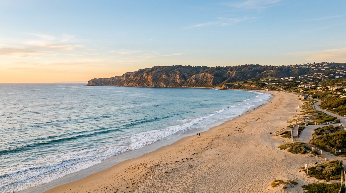 Torrance Beach and the South Bay coastline at golden hour, the wide sand and the Palos Verdes bluffs curving south.