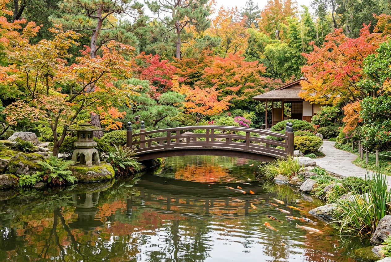 A tranquil Japanese garden in the South Bay near Torrance in soft morning light, a koi pond, stone lanterns, Japanese maples, and a low curved wooden bridge.