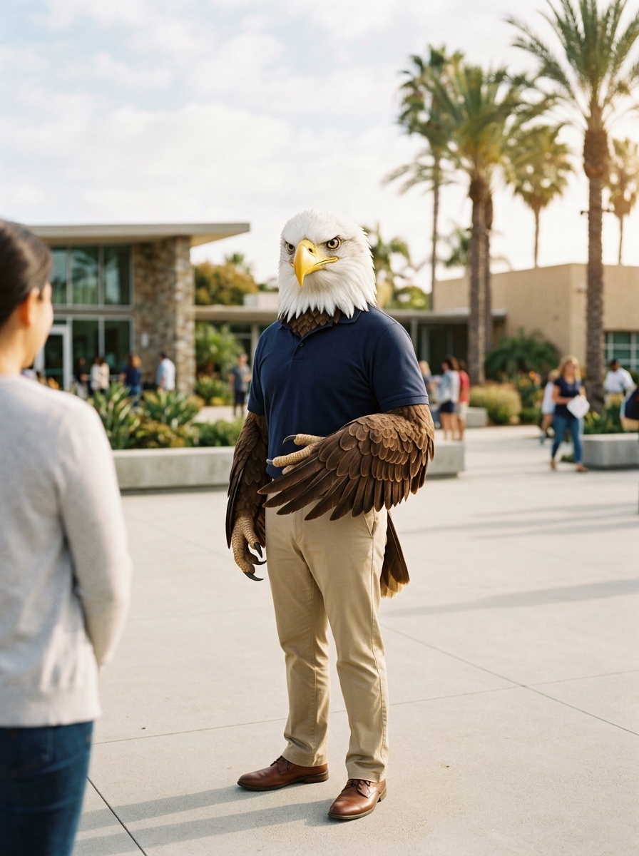 Torrance K-12 online home school. Eagle, Head of School, on a clean South Bay civic plaza in Torrance in warm morning light, low mid-century-modern buildings and tall palms behind him.