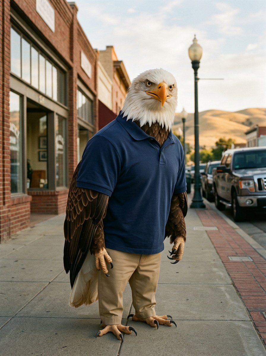 Tracy K-12 online home school. Eagle, Head of School, on the historic downtown Tracy sidewalk along Tracy Boulevard in the early-morning light with the brick storefronts of the old downtown corridor visible behind him and the Altamont Pass hills in soft focus on the western horizon.
