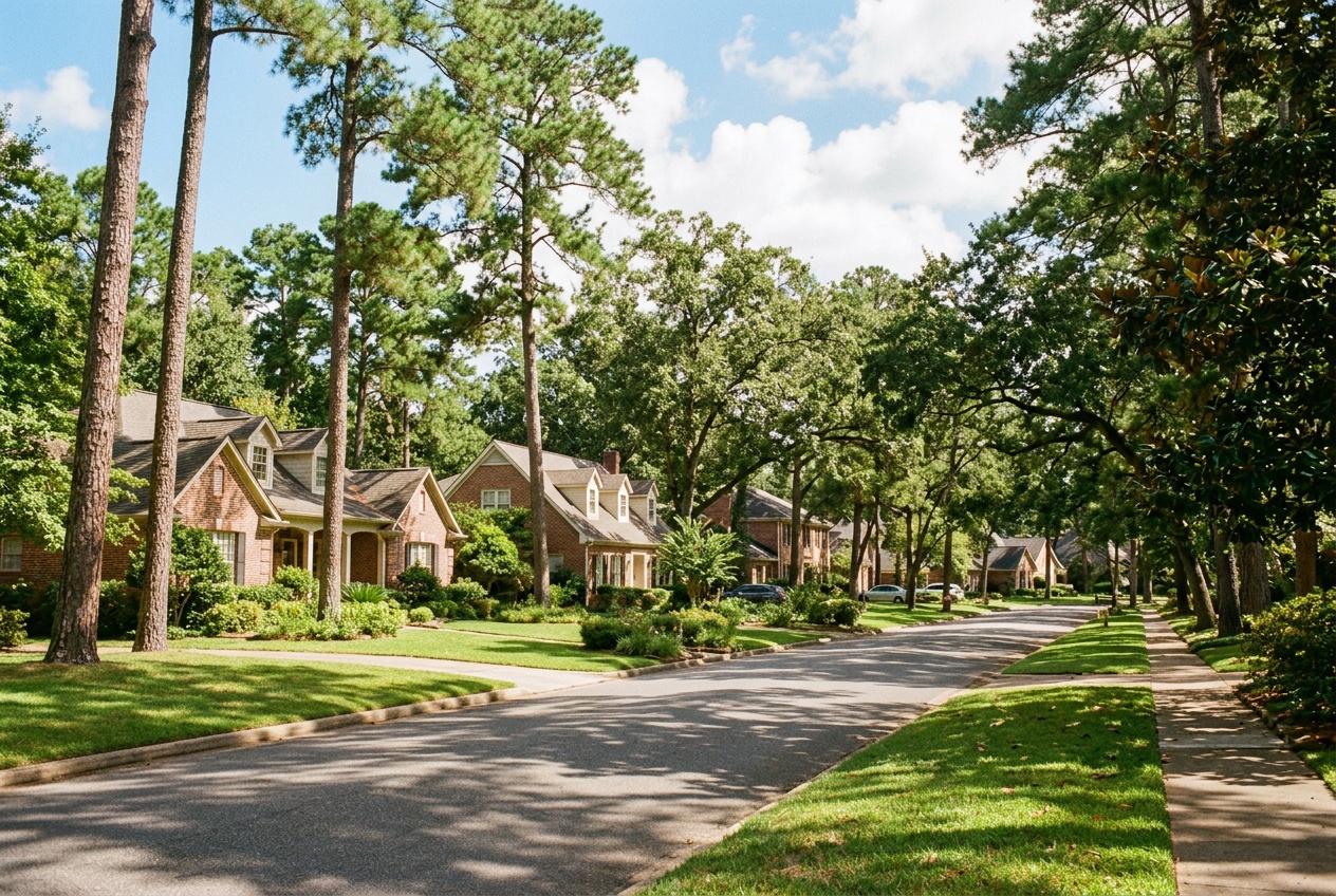 Tyler online home school K-12: an established tree-lined residential street in Tyler, Texas, in the East Texas piney woods.