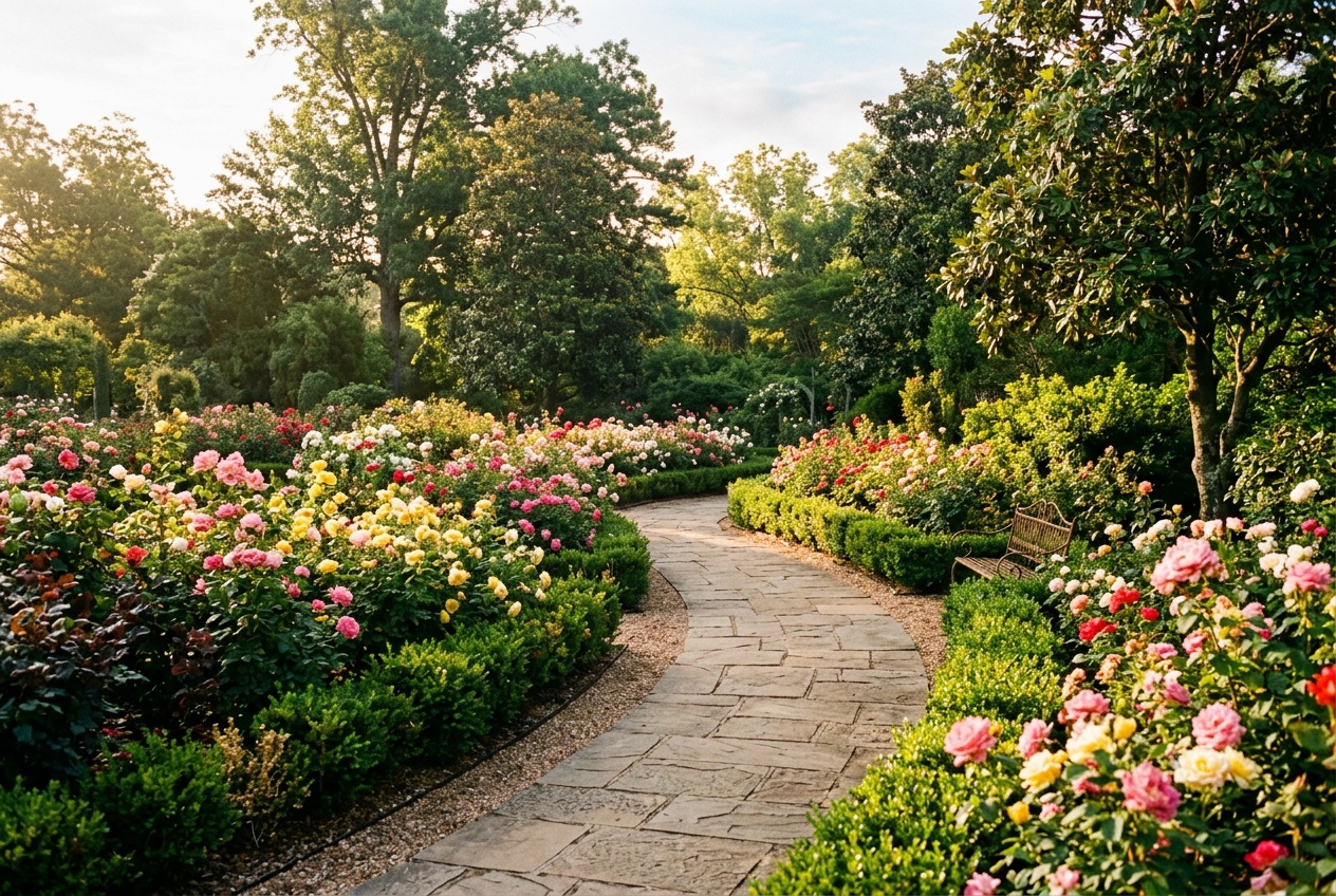 Tyler Texas online homeschool: a winding path through a lush public rose garden in Tyler, Texas.