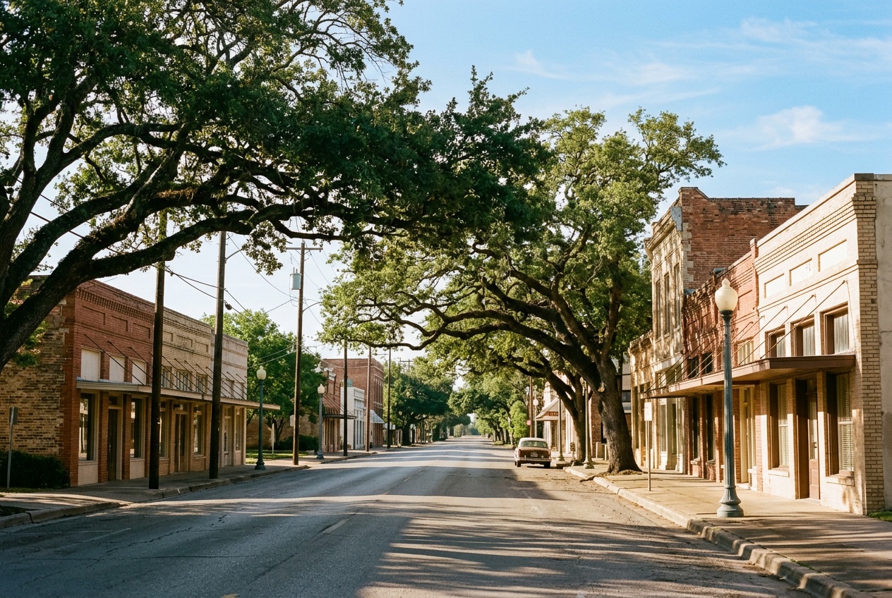 Victoria online home school K-12: a historic tree-lined street in downtown Victoria, Texas, in the South Texas crossroads.