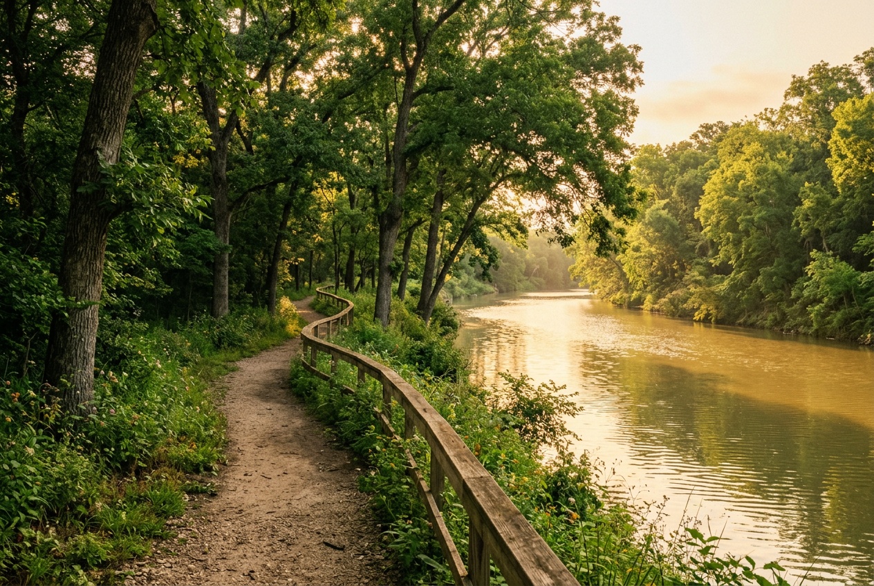 Victoria Texas online homeschool: a green riverside trail along the Guadalupe River in Victoria, Texas.
