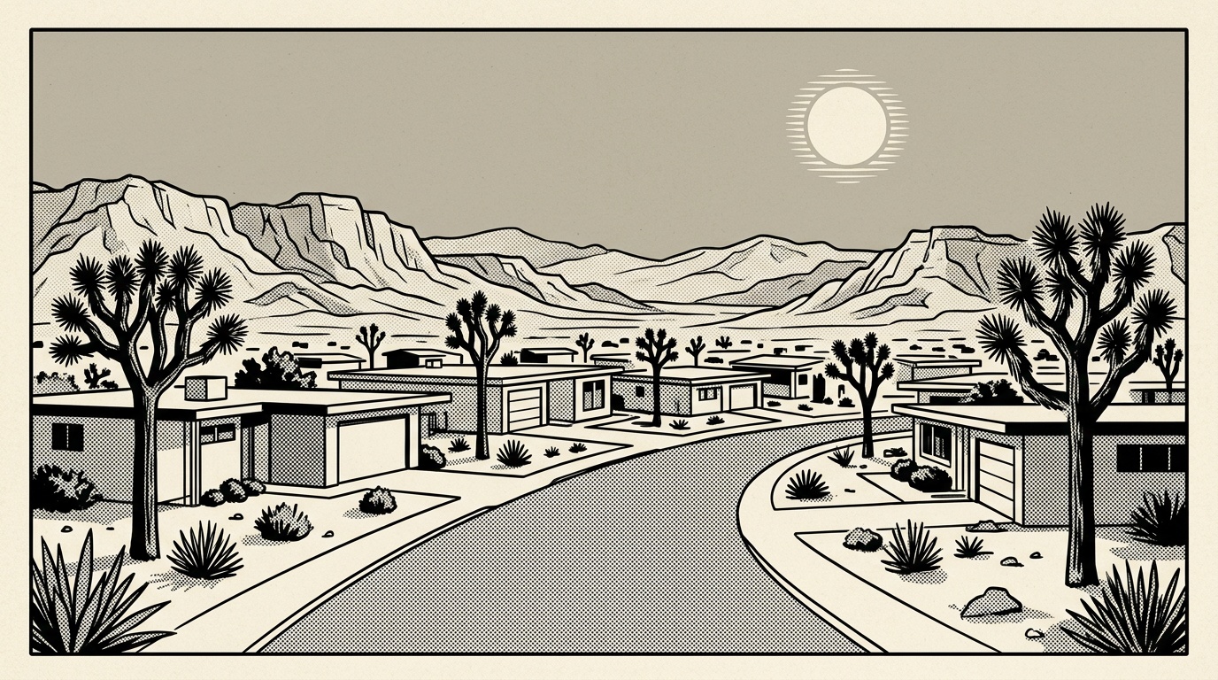 A newsprint-style illustration of a Victorville high-desert neighborhood, homes among Joshua trees with distant mountains.