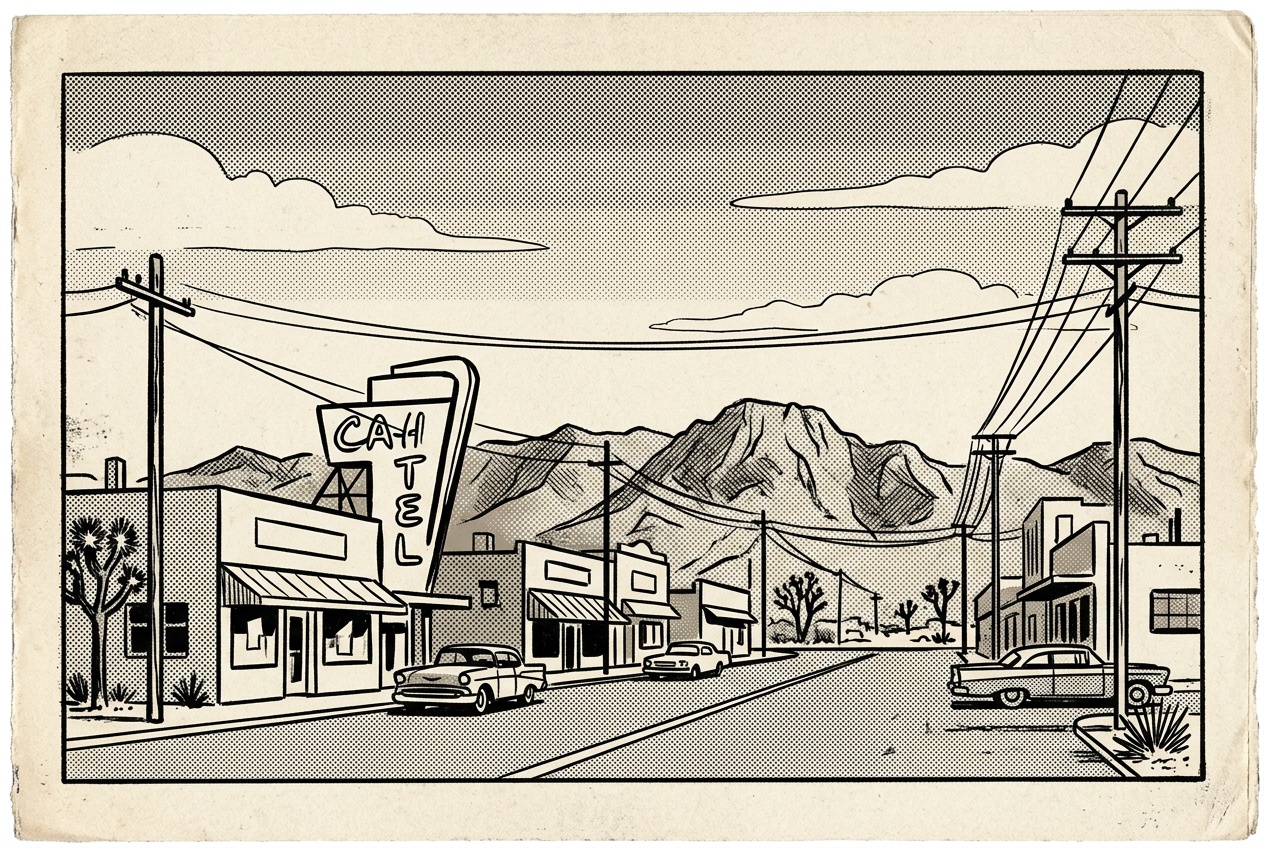 A newsprint-style illustration of Old Town Victorville along Route 66, low desert storefronts and a vintage sign with the Mojave mountains behind.