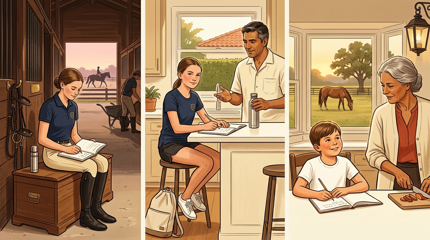 Wellington K-12 online home school comic strip: WEF show morning at the barn, junior tennis academy kitchen, and acreage homestead evening