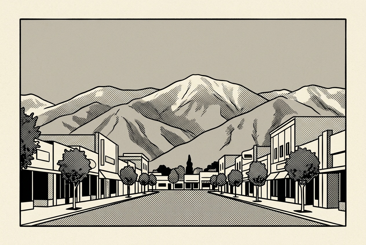A newsprint-style illustration of downtown West Covina, low storefronts and street trees with the San Gabriel Mountains behind.