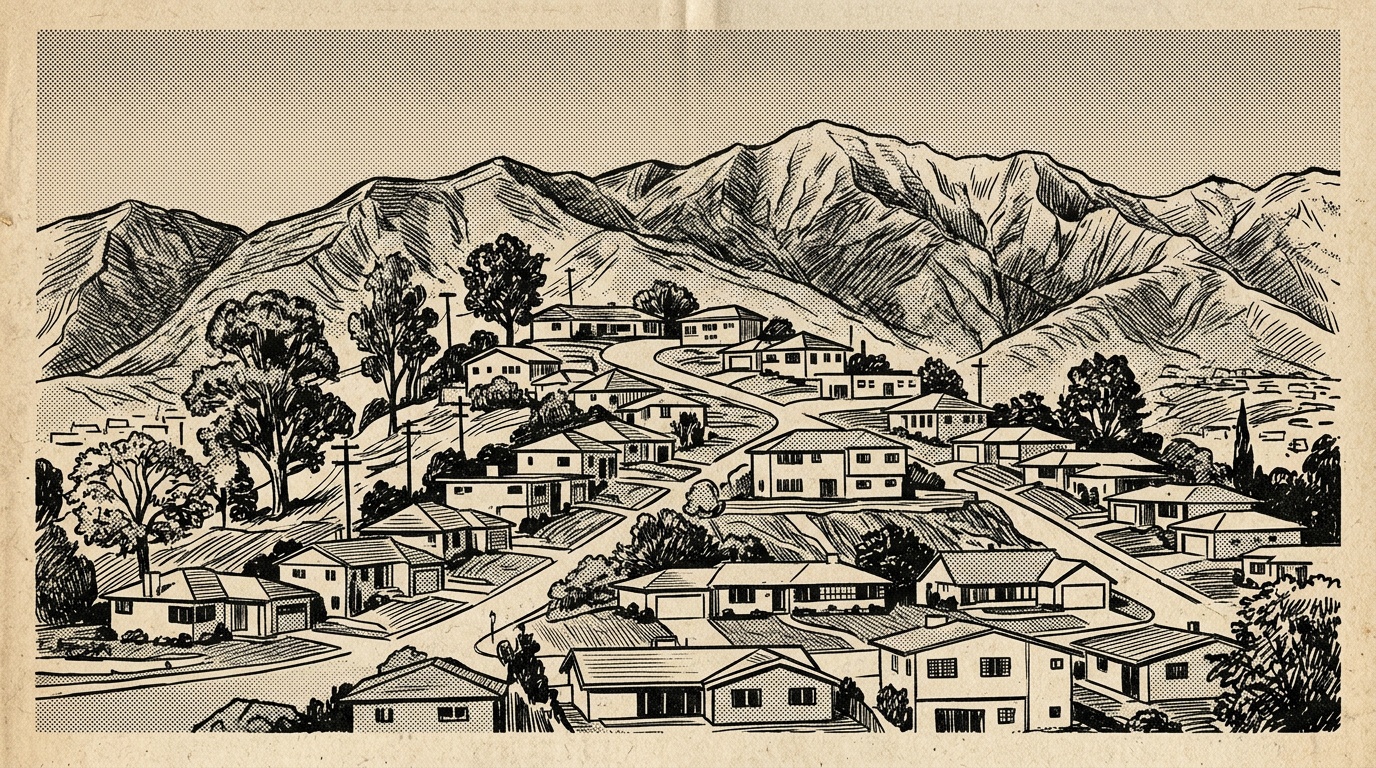 A newsprint-style illustration of a West Covina hillside neighborhood, homes stepping up the hills with the San Gabriel Mountains beyond.