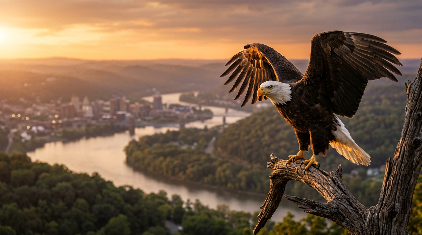 Akron Ohio K-12 online home school, bald eagle overlooking the Cuyahoga River valley