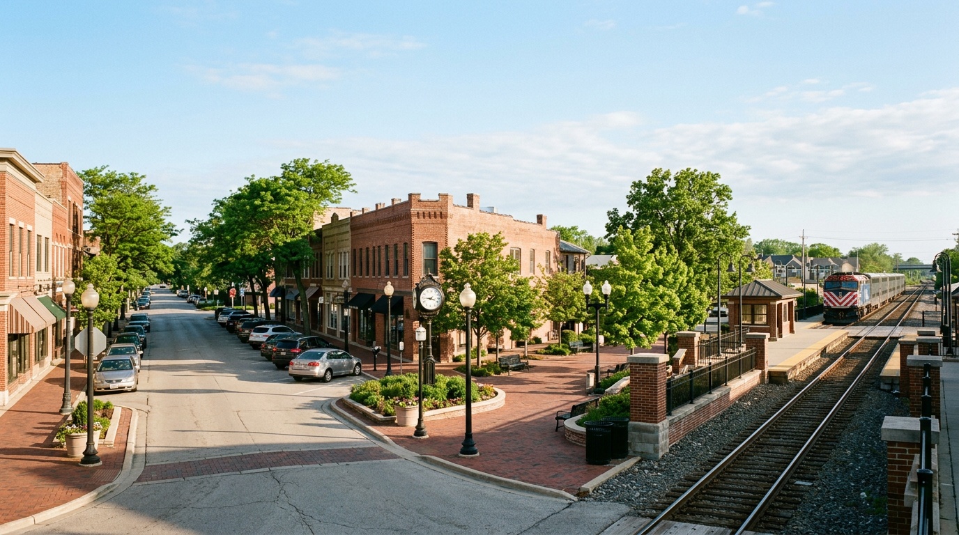 Arlington Heights online home school K-12: the charming downtown and Metra station area of Arlington Heights, Illinois on a clear morning.