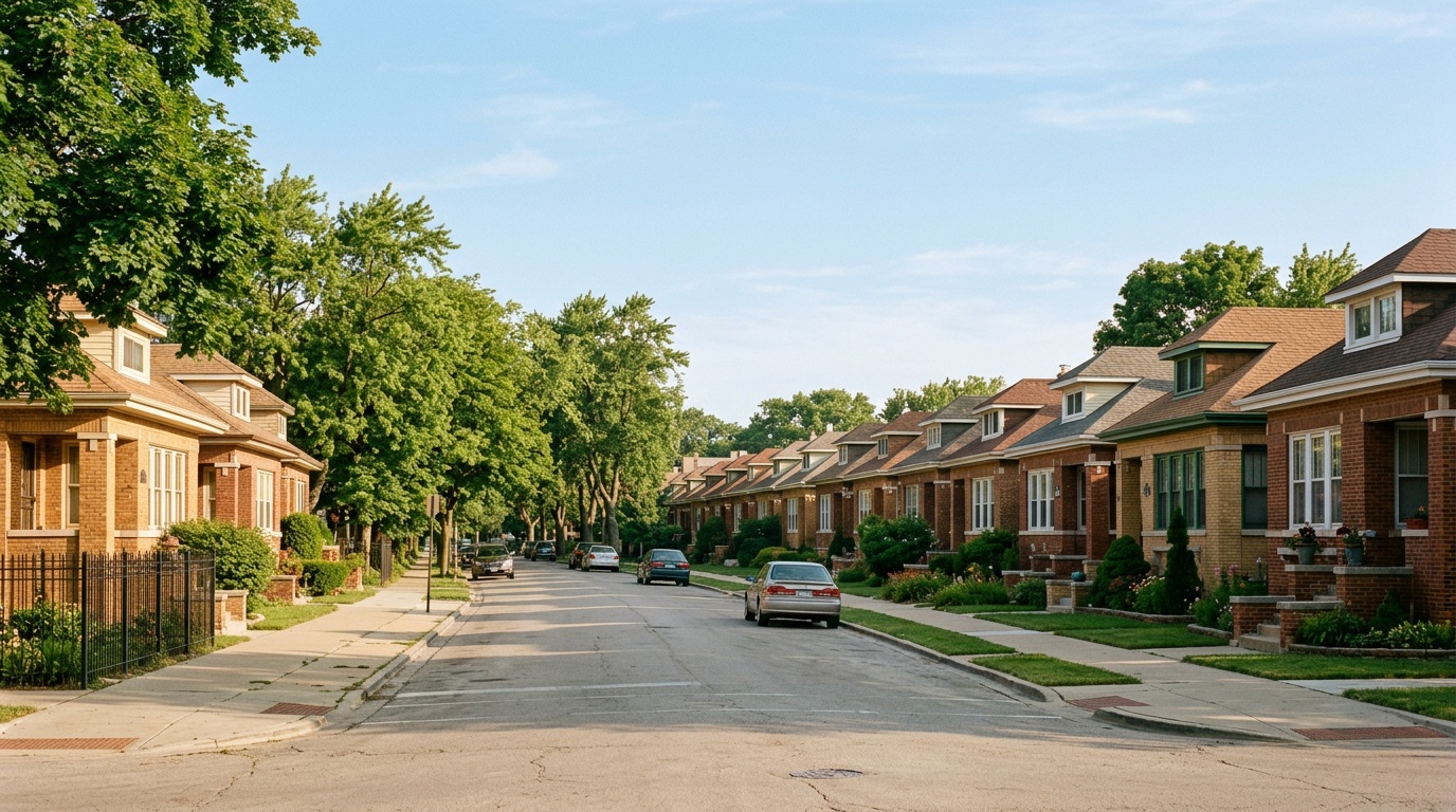 Berwyn online home school K-12: a street of classic brick bungalows in Berwyn, Illinois on a clear morning.