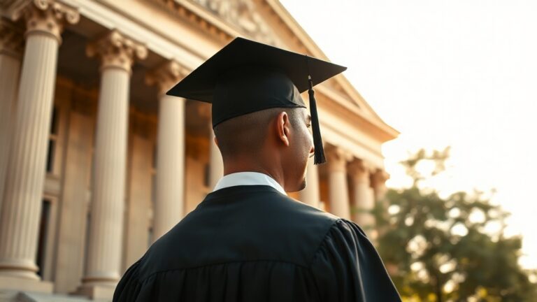 International graduate in cap and gown standing before a classical university building