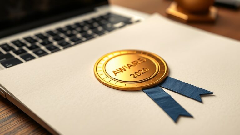 Embossed gold accreditation seal with navy ribbon on cream paper beside a laptop