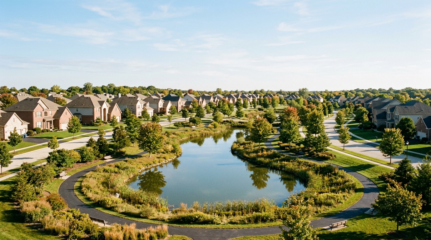 Bolingbrook online home school K-12: a master-planned suburban neighborhood with parks in Bolingbrook, Illinois on a clear morning.