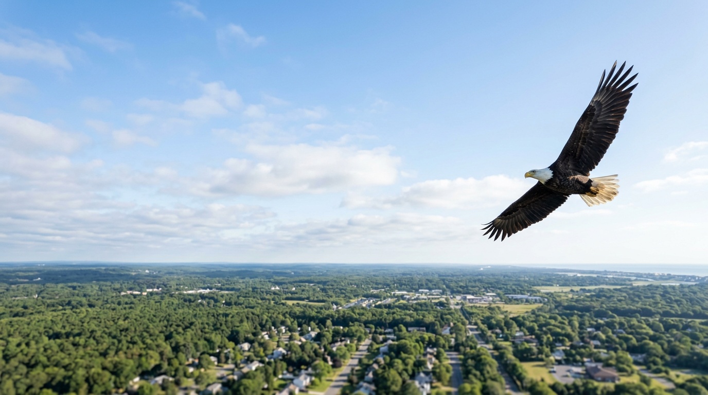 American bald eagle in flight on a bright morning over central Long Island, Suffolk County, New York, for High School of America accredited K-12 online homeschool in Brentwood