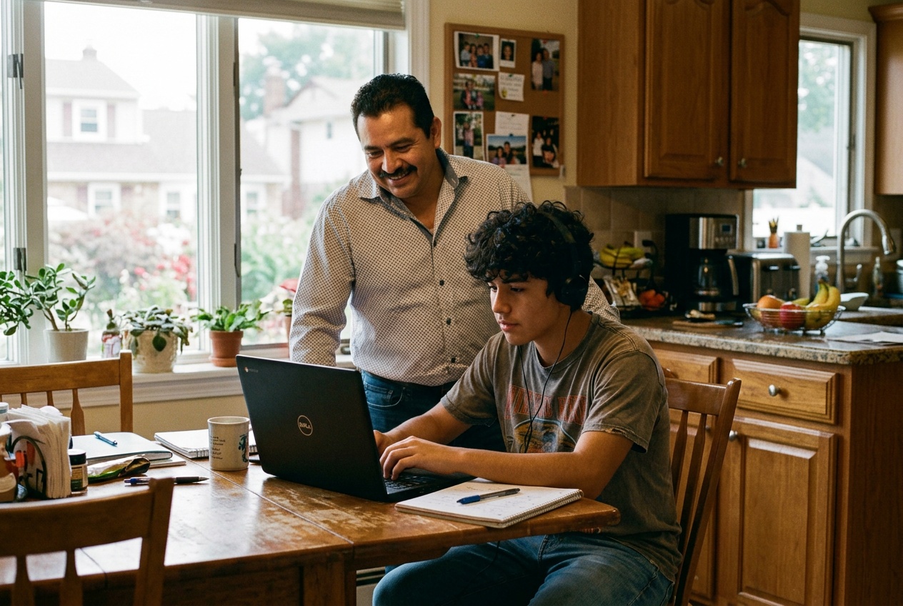 A Long Island family in Brentwood, a parent supporting a teenage student doing self-paced online homeschool on a laptop at the kitchen table