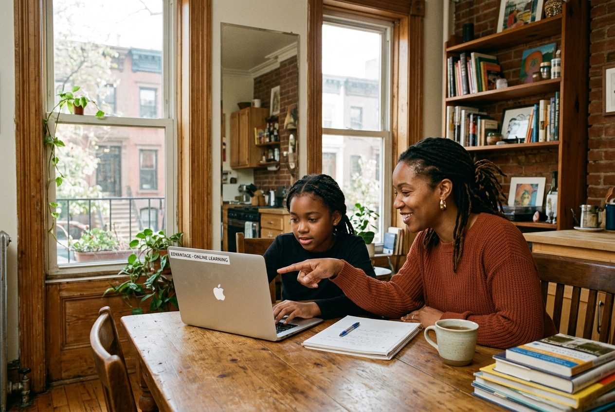 Brooklyn family doing self-paced online homeschool coursework at home in a Kings County brownstone apartment