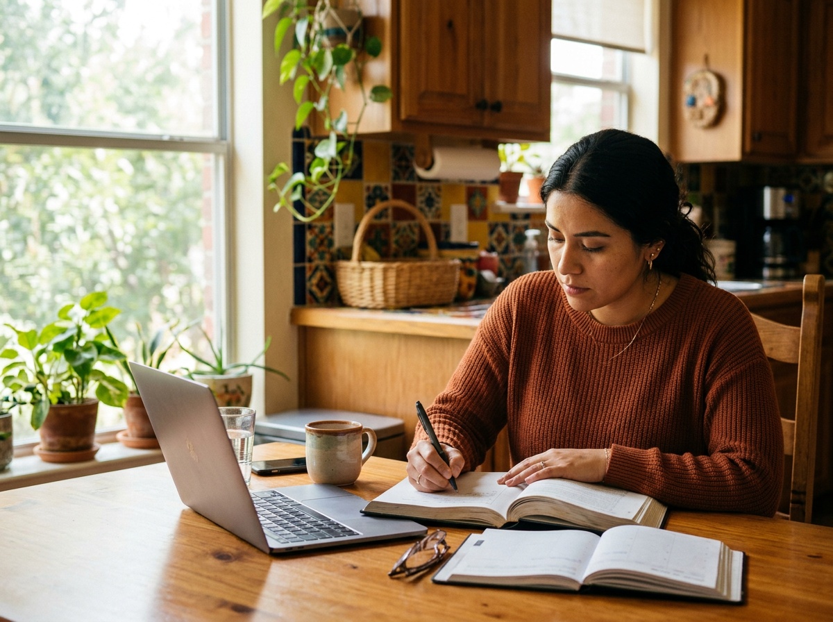 Adult student studying online at home in Brownsville