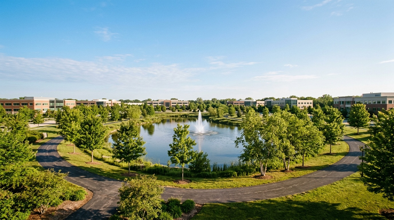 Carol Stream K-12 online home school: a landscaped town park with a pond and fountain in Carol Stream, Illinois, walking paths, young trees and tidy low buildings, a clear morning sky.