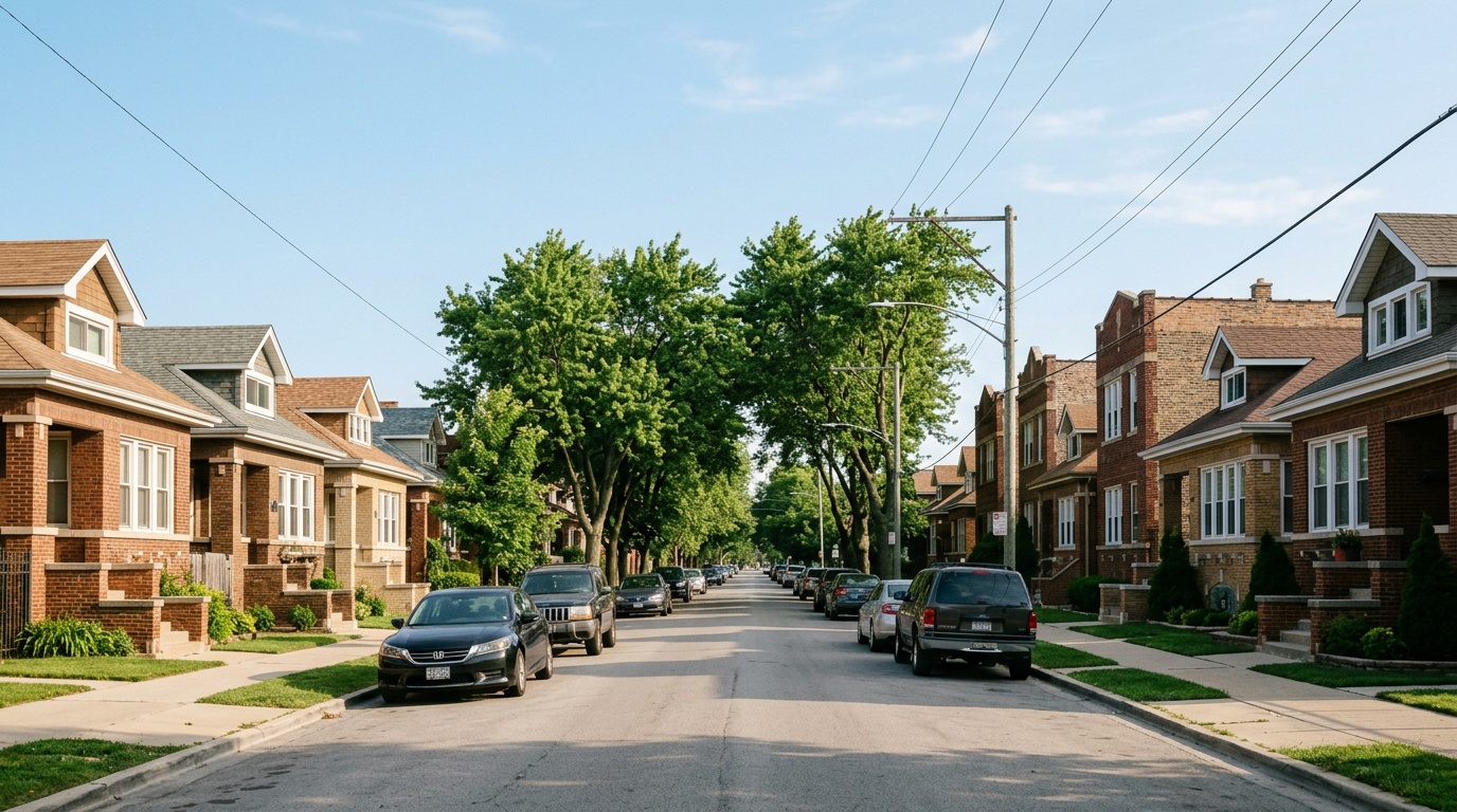 Cicero online home school K-12: a neighborhood of classic brick bungalows and two-flats in Cicero, Illinois on a clear morning.